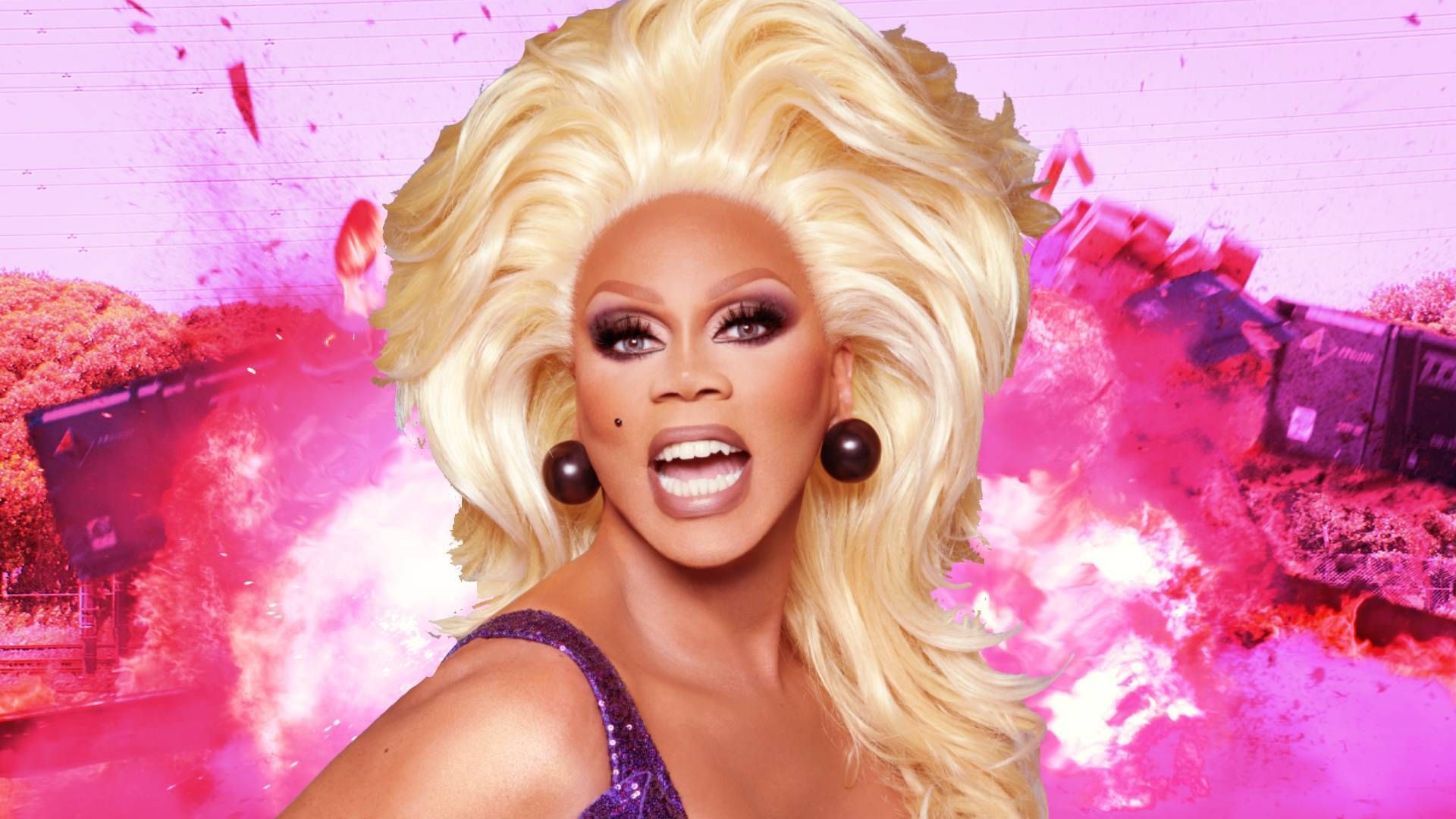 RuPaul in a blonde wig with a blown up railway train behind her. Image from Polygon and World of Wonder; Netflix